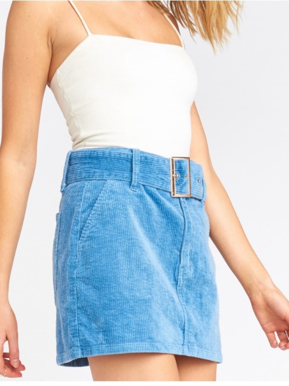 MuMu ‘Tessa’ Blue Corduroy Mini Skirt with Belt